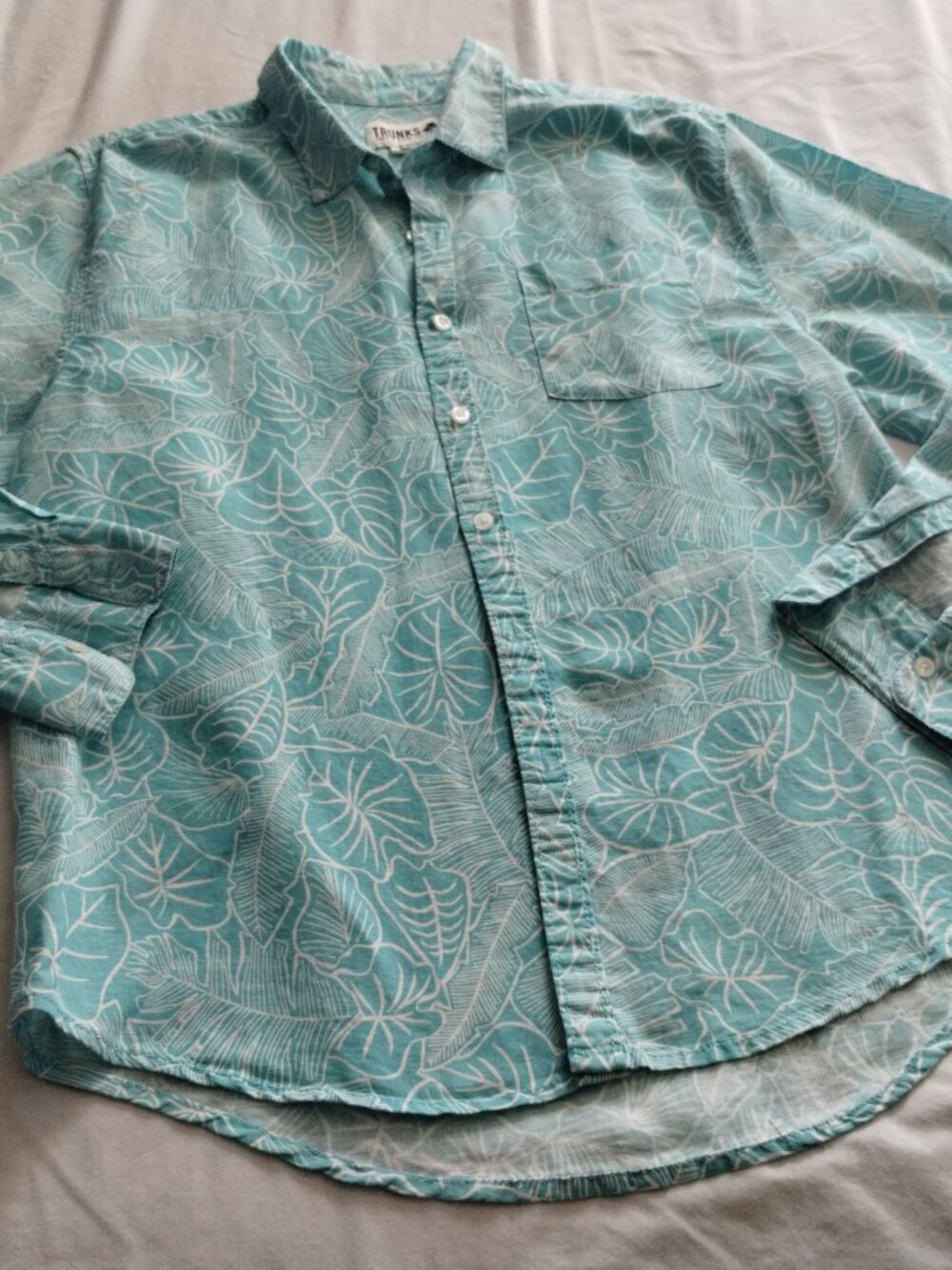 (Men's) TRUNKS Aqua Blue & White Long Sleeve LINEN Blend Button Down Sz MEDIUM